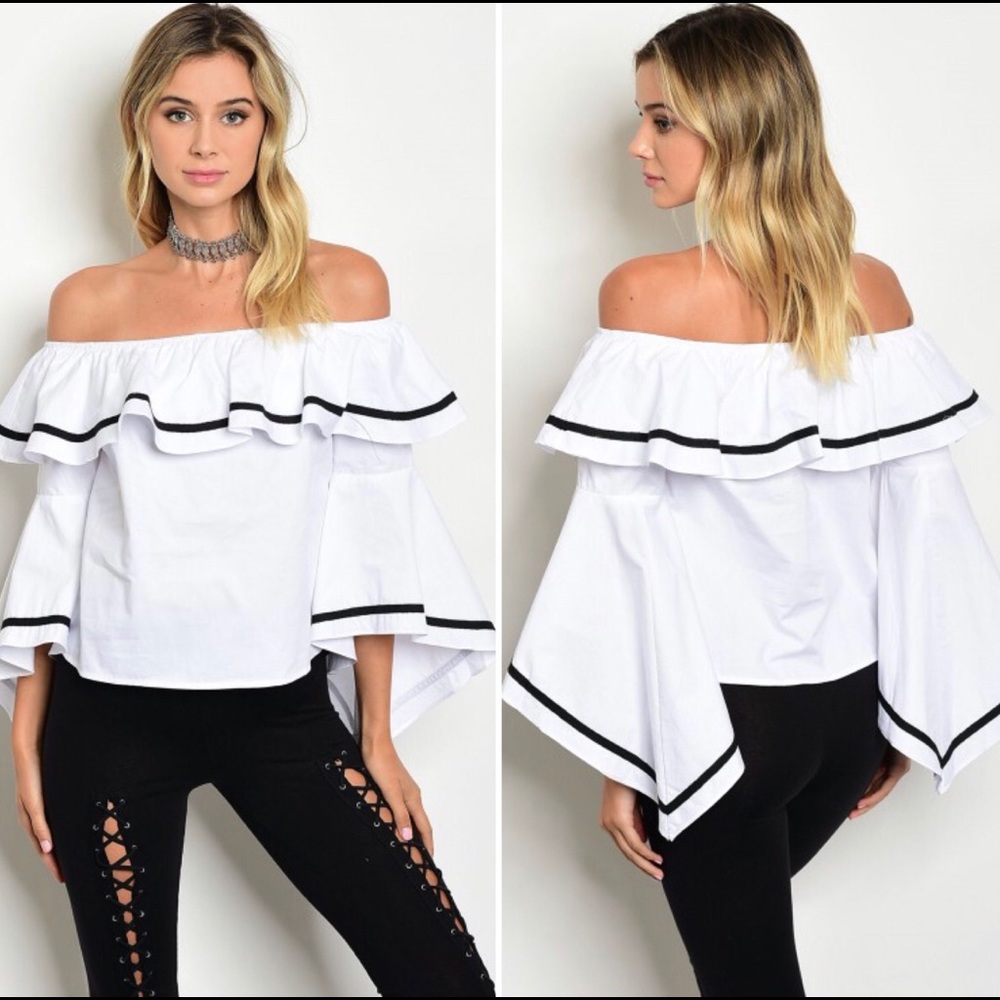 White & Black Edgy OTS Bell Sleeve Top!! NWT - Picture 2 of 6